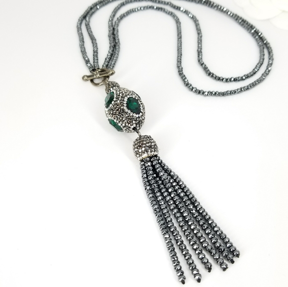Green Crystal Gem Hematite Tassel Choker NWT - Picture 5 of 10